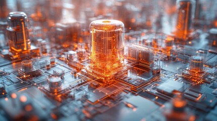 A futuristic circuit board with glowing elements and structures.