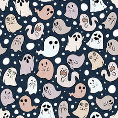 Halloween Ghost seamless pattern. Cute art print. Design for paper, covers, cards, fabrics, interior items and any. Vector illustration about Holiday.
