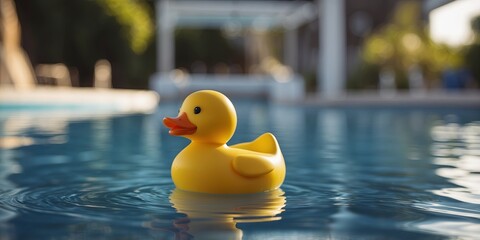 yellow rubber duck banth toy floanting in a swimming pool.