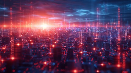 Fototapeta premium Futuristic Cityscape With Sunset Background