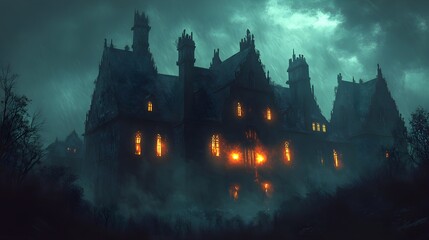 Fototapeta premium Mysterious Gothic Mansion in Stormy Night