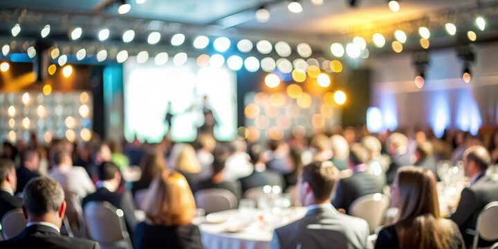 Blurred background of a corporate awards night with a stage and audience.
