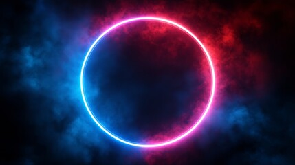 Neon circle glowing in blue and pink against a dark background