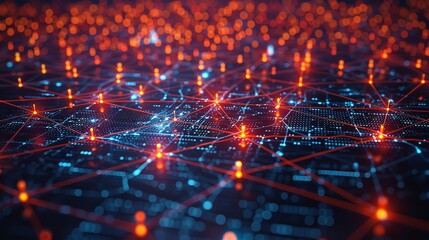 Network connections with glowing nodes and lines, Circuit board with blue and orange lights