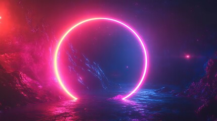 Fototapeta premium A glowing neon circle illuminates a dark rocky cave at night