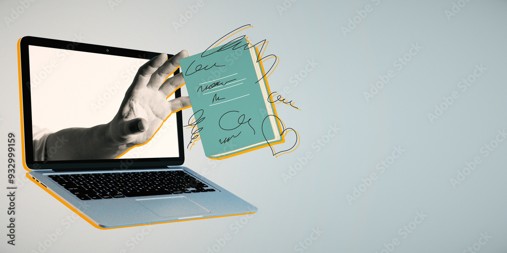 Poster Close up of hand holding abstract drawn notepad on blue background with mock up place. Back to school and online education concept.