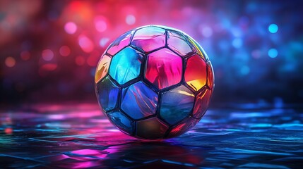 Naklejka premium Colorful soccer ball on a reflective surface with vibrant lighting