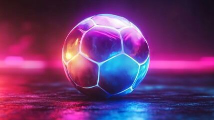 Naklejka premium Colorful soccer ball on reflective surface with neon lighting effects