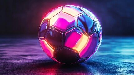 Naklejka premium Colorful illuminated soccer ball resting on a sleek surface at night