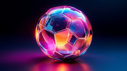 Naklejka premium Colorful soccer ball on a dark background illuminated with vibrant lights