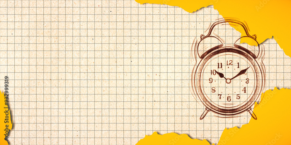 Poster Abstract drawn alarm on yellow grid copybook backdrop with mock up place. Back to school concept. 3D Rendering.