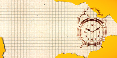 Abstract drawn alarm on yellow grid copybook backdrop with mock up place. Back to school concept. 3D Rendering.