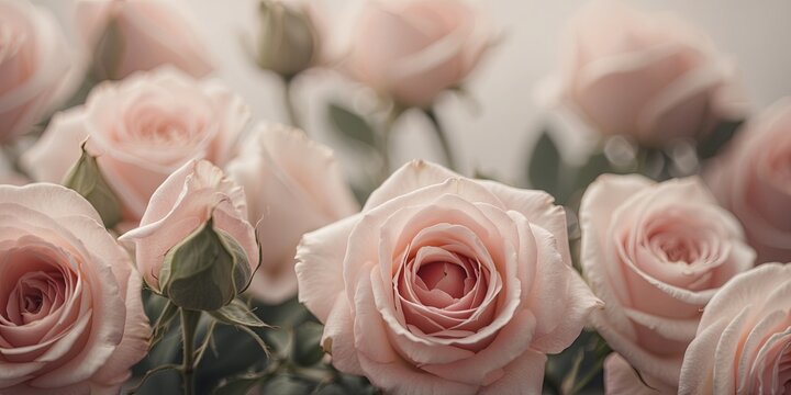 Creative frame made of soft pink roses Copy space Monochromatic colors.