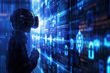 A hacker navigates a virtual world, surrounded by glowing digital locks and codes, using a VR headset to interact with the intricate system. Generative AI