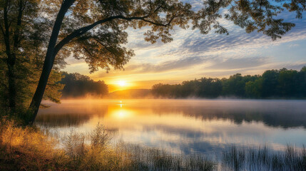 Fototapeta premium Picture of a lake with a sunrise, with a tree in the foreground and fog over the water.