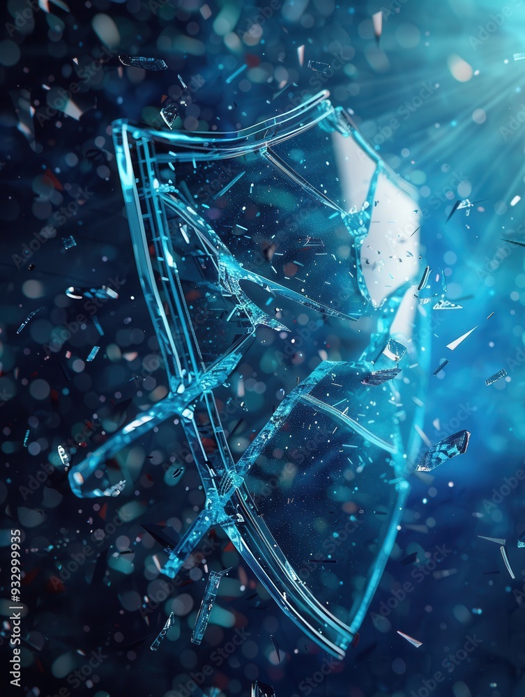 Poster A hacker breaches a digital shield, with fragments flying around in a high-tech cybersecurity landscape representing a security threat. Generative AI