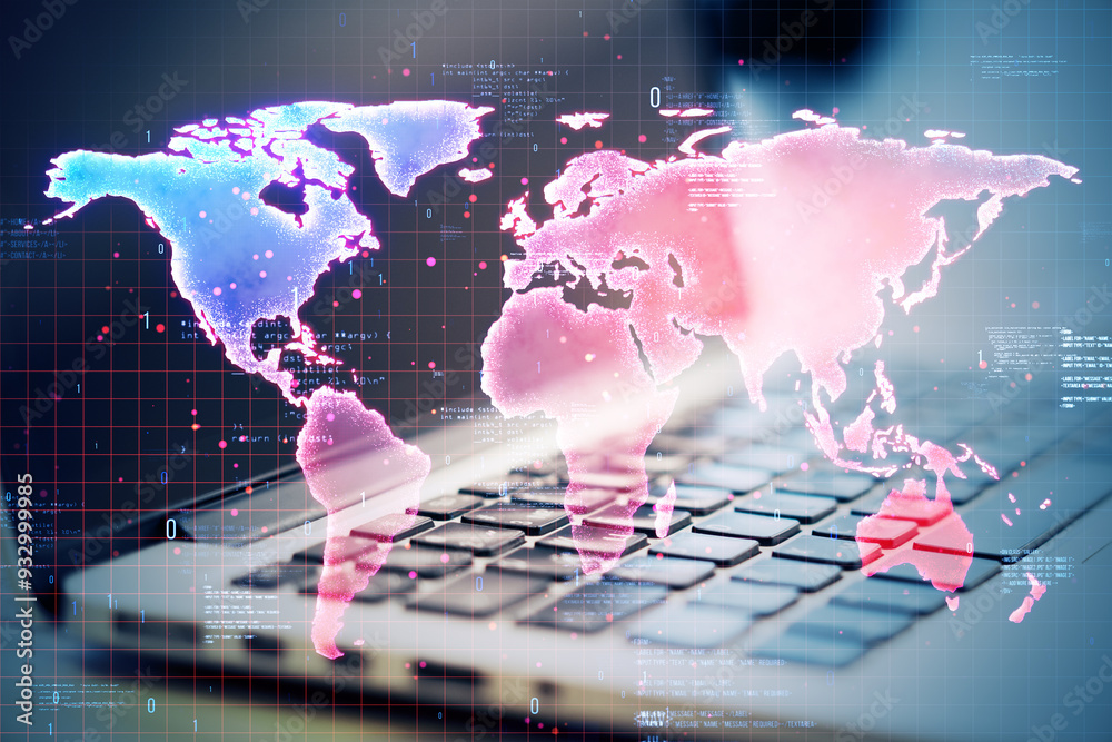 Poster Close up of laptop on desk with glowing digital map on blurry background. Interactive screen and global bookings concept. Double exposure.