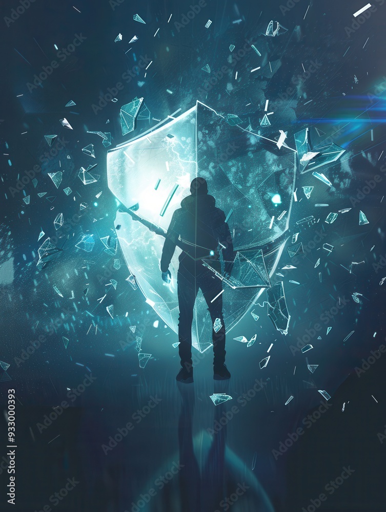 Poster a hacker breaches a digital shield, sending fragments flying in a dynamic display of cybersecurity c