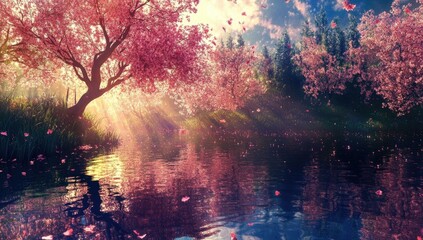 Fototapeta premium Pink cherry blossoms falling into a lake.