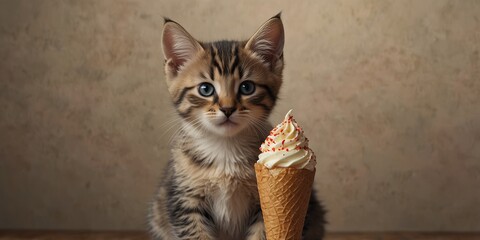 Obraz premium Cute kitten holding an ice cream cone, beige background.