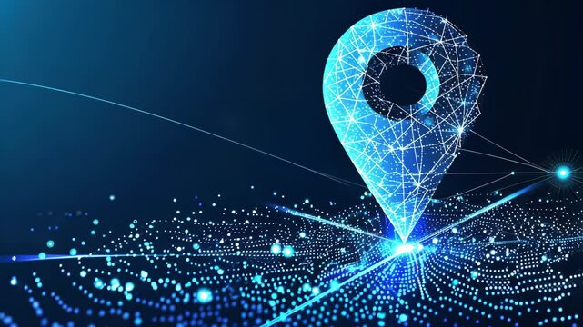 Abstract blue location point or map pin on path digital marketing technology tech innovation.