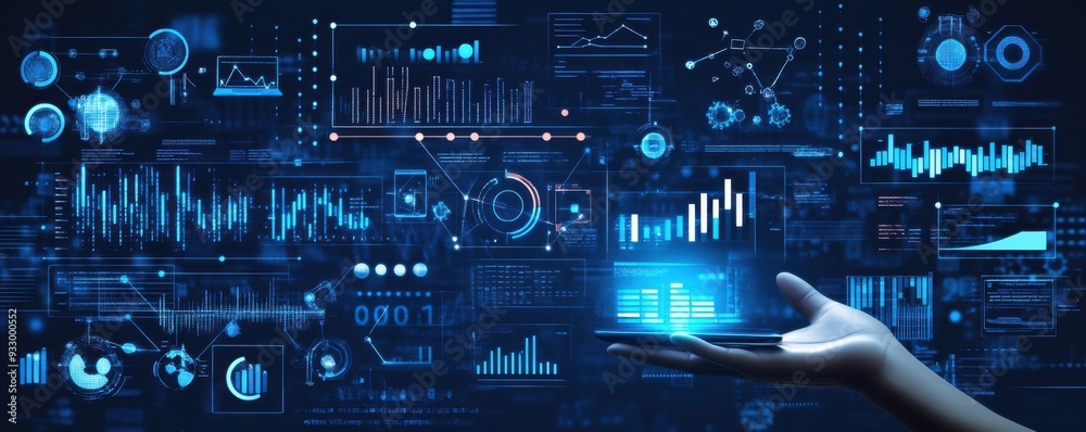 Poster futuristic digital technology interface background with hand holding smartphone and data visualizati
