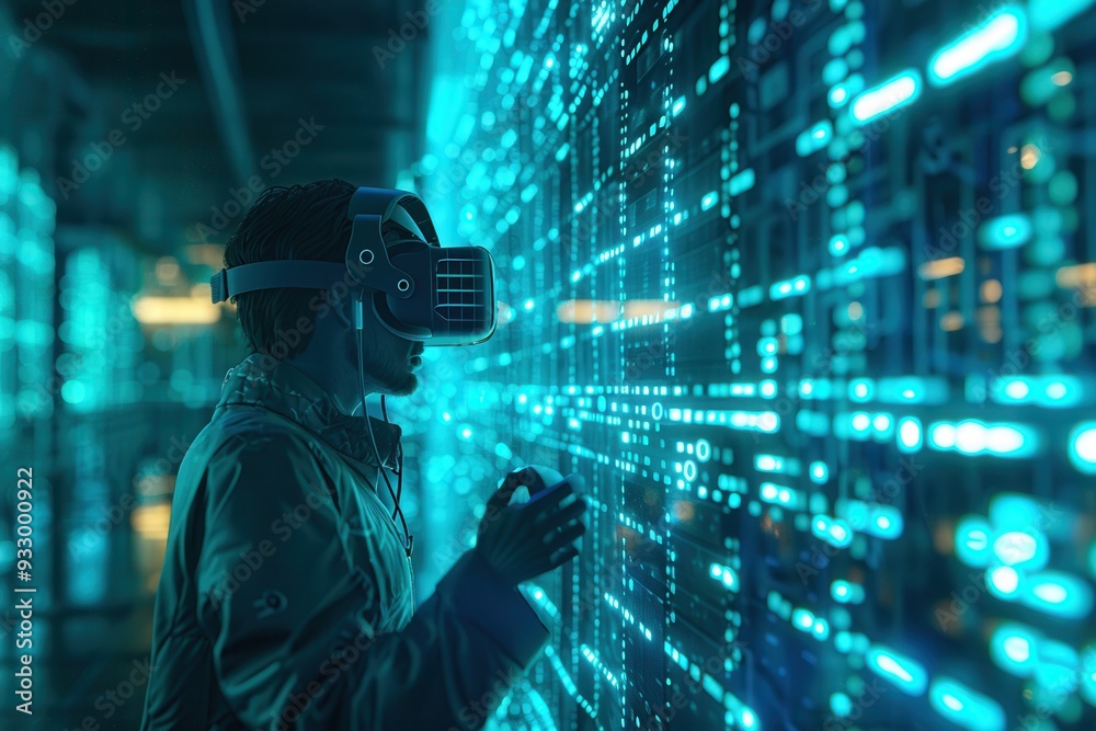 Poster the hacker navigates a vibrant virtual environment, interacting with glowing locks and codes in an i