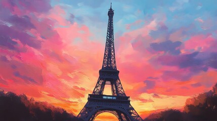 Eiffel Tower Sunset Painting, Paris, France