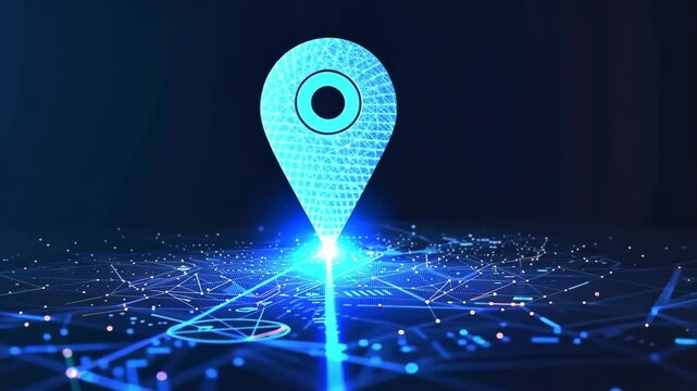 Abstract blue location point or map pin on path digital marketing technology tech innovation.
