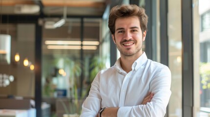 Fototapeta premium Smiling handsome businessman with crossed arms in modern office,young man exuding confidence, business success concept.