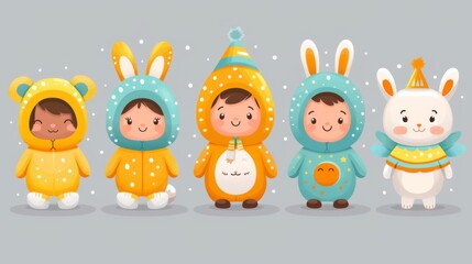 Illustrate a group of friends attending an Easter costume party, with guests dressed as Easter bunnies, chicks, and springtime fairies.