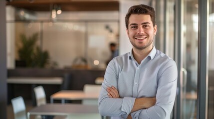 Fototapeta premium Smiling handsome businessman with crossed arms in modern office,young man exuding confidence, business success concept.