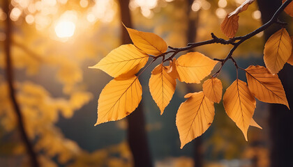 Fototapeta premium Close up of golden autumn leaves branch, nature's seasonal beauty. Beautiful fall woods, forest