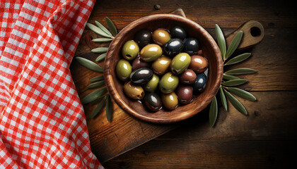 Close-up and top view of an old olive wood bowl, full of fresh green and black olives above an old wooden cutting board with a red and white checkered tablecloth on a wooden table. Generative Ai.