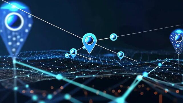 Abstract blue location point or map pin on path digital marketing technology tech innovation.
