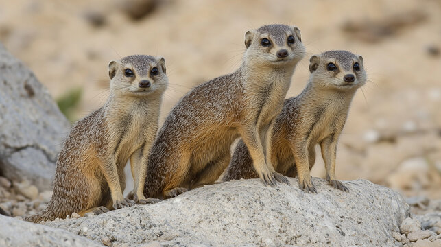 family of mongooses  looking at camera in forest