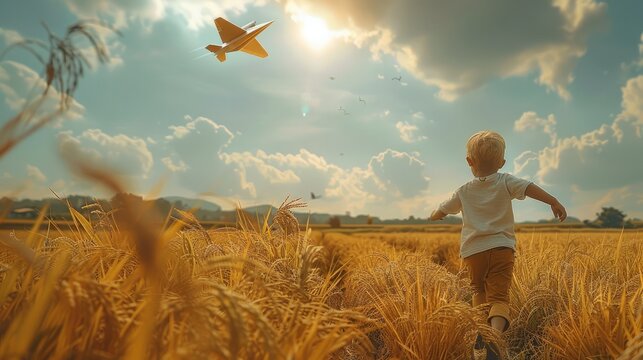 A cute young boy is running in the middle of rice fields of rural, he is chasing a hand made paper plane that is flying in the air. Generative AI.