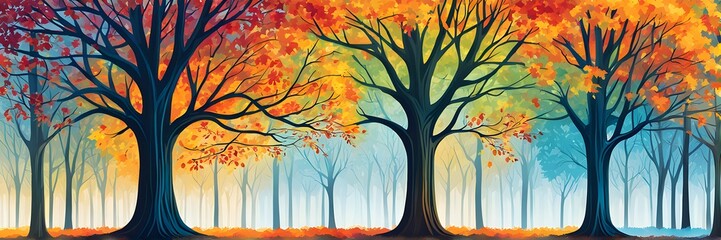Vibrant depiction illustration of trees in transition between autumn and winter