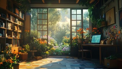 A sunlit room with a view of a garden.