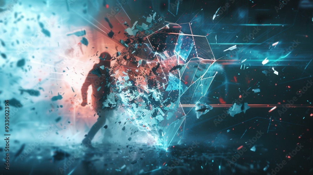 Leinwandbilder A hacker is breaking through a digital shield while fragments of the shield scatter around, illustrating a cybersecurity breach scenario. Generative AI