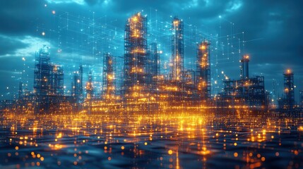 Futuristic cityscape with glowing structures and digital elements.