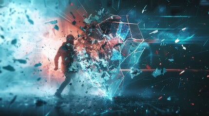 A hacker is breaking through a digital shield while fragments of the shield scatter around, illustrating a cybersecurity breach scenario. Generative AI