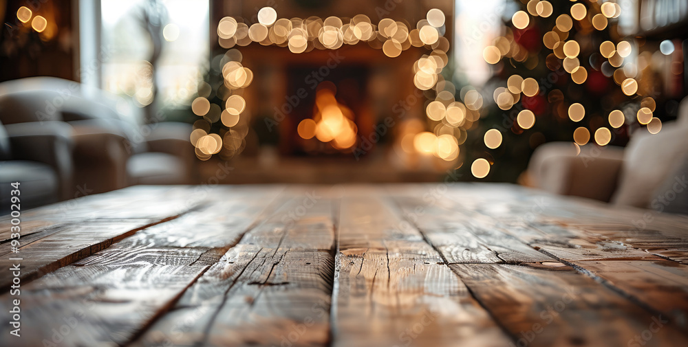 Poster Empty wooden table top with blurred background of Christmas tree and fireplace in the living room. Generative AI.