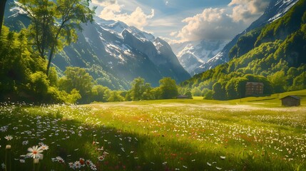 Fototapeta premium Idyllic mountain landscape in the Alps with blooming meadows in springtime. 