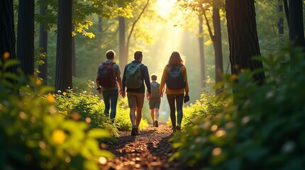 Fototapeta premium Hikers Exploring Sunlit Forest Path: Scenic Nature Trail Adventure in Lush Woodland