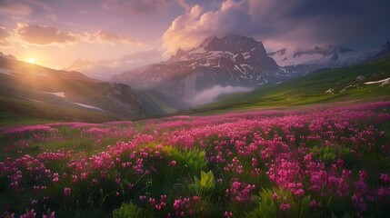 Idyllic mountain landscape in the Alps with blooming meadows in springtime. 
