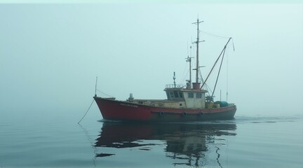 Naklejka premium A serene fishing boat gliding through calm waters in fog, ideal for nautical themes, tranquility, or maritime projects. with copy space.