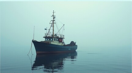 Obraz premium A solitary fishing boat amidst a serene misty sea, ideal for maritime themes, relaxation, or coastal design projects, with copy space.