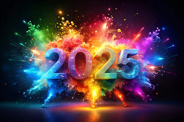 Explosive Rainbow 2025 New Year Celebration. Vibrant 3D 2025 Numbers with Colorful Powder Explosions