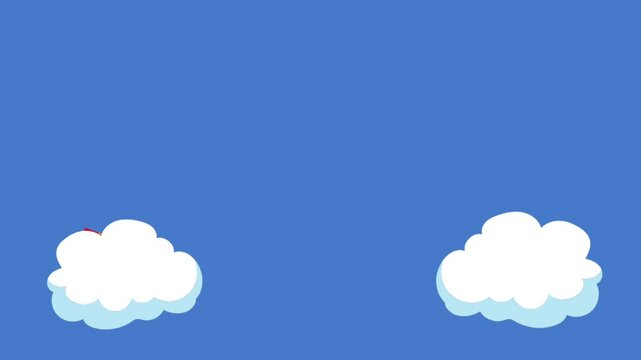 cartoon illustration of a rainbow moving from end to end of the clouds isolated in sky blue